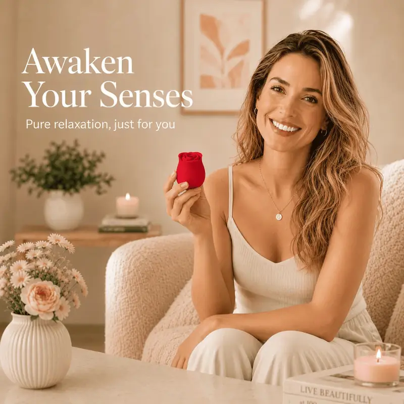An adult holding a red rose toy in a warm cream living-room scene