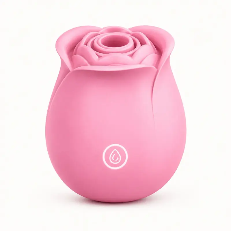 The pink Sync rose toy with its opening, sculpted petals and white front control visible