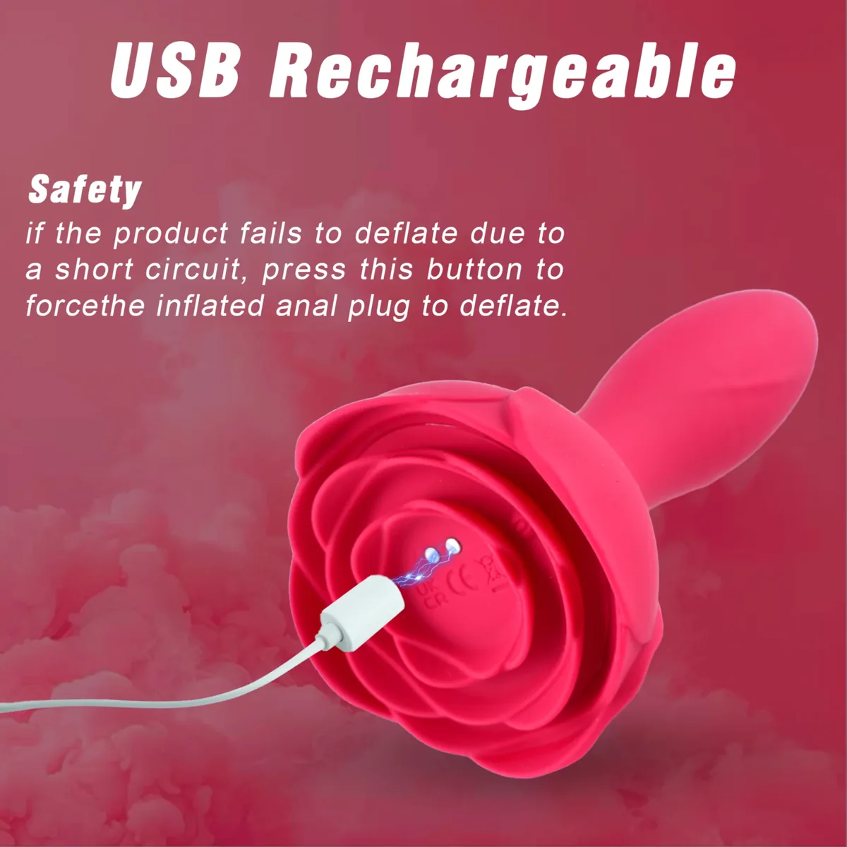 Roselle Anchor Inflatable Rose Plug Vibrator — charging port and safety button