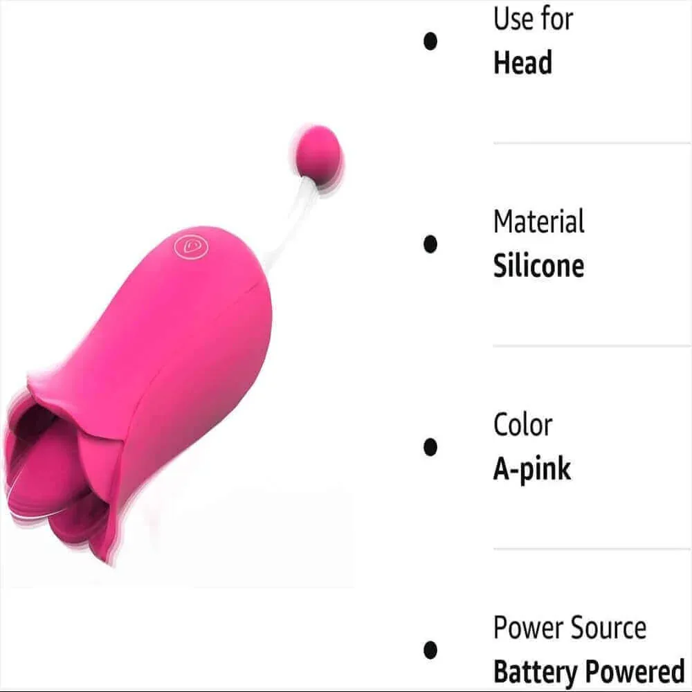 Roselle Blossom Rose Tongue and Tail Vibrator — front product view and specification panel