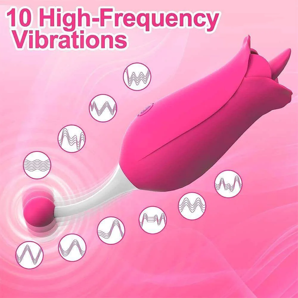 Roselle Blossom Rose Tongue and Tail Vibrator — side profile and setting diagram