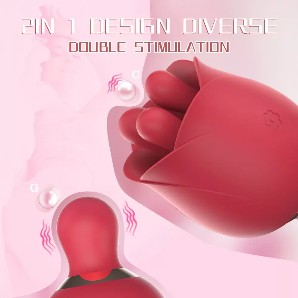 Roselle Bud Rose Tongue Vibrator — front and side views