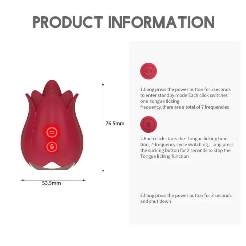 Roselle Crown Rose Tongue Massager — dimensions and button layout