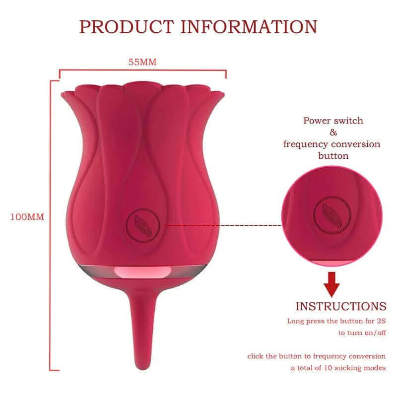 Roselle Curl Rose Suction Egg Vibrator — dimensions and button layout