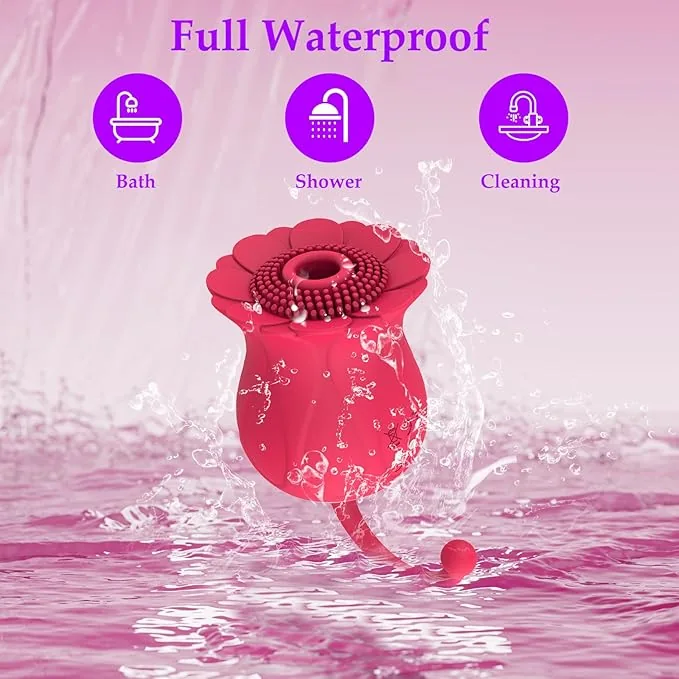 Roselle Curl Rose Suction Egg Vibrator — product shown with water splashes