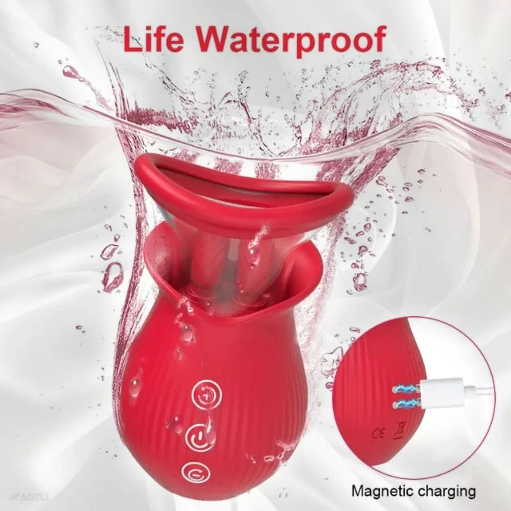 Roselle Echo Twin-Tongue Rose Suction Toy — product shown with water and charging connection