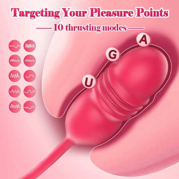 Roselle Embrace Rose Vibrator with Thrusting Dildo — extension settings and target labels diagram
