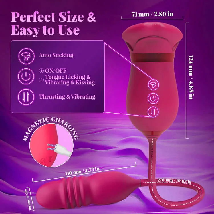 Roselle Embrace Rose Vibrator with Thrusting Dildo — product dimensions controls and charging guide