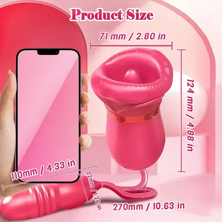 Roselle Embrace Rose Vibrator with Thrusting Dildo — rose mouth and extension dimensions diagram