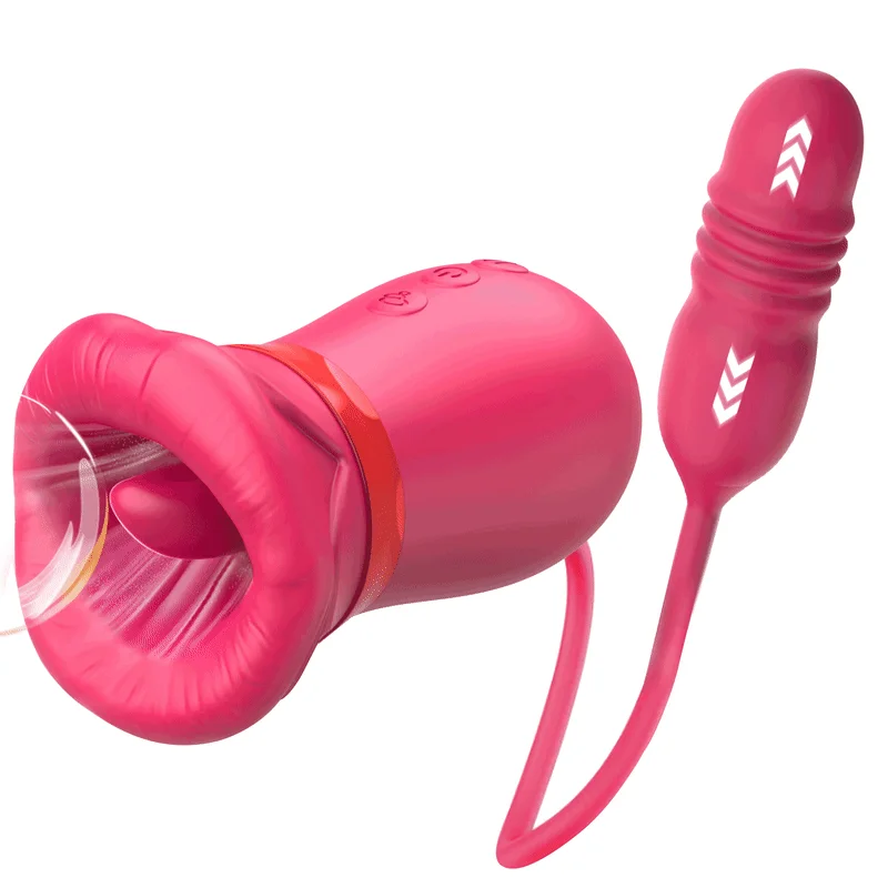 Roselle Embrace Rose Vibrator with Thrusting Dildo — rose mouth head and connected extension front view