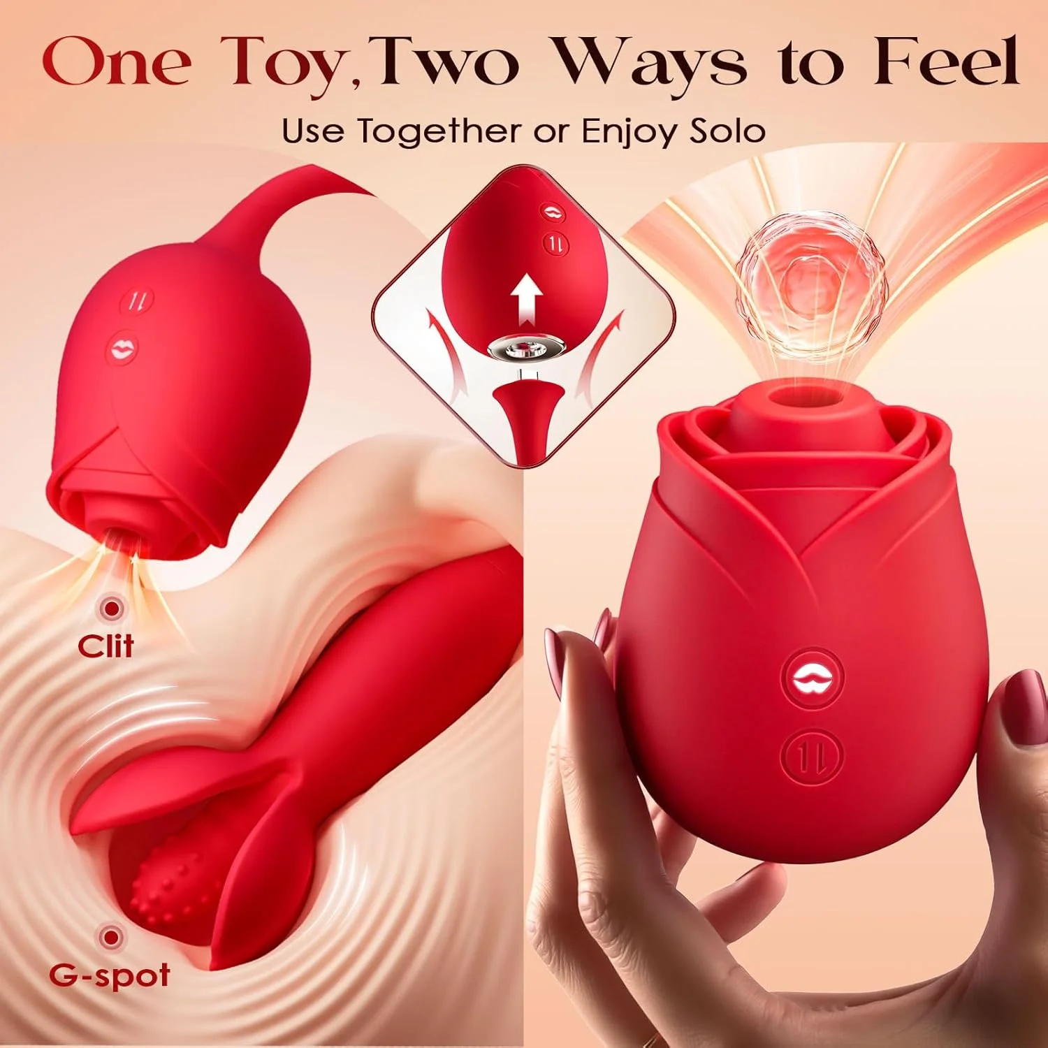 Roselle Flex Detachable Thrusting Rose Vibrator — detachable rose head and extension product functions