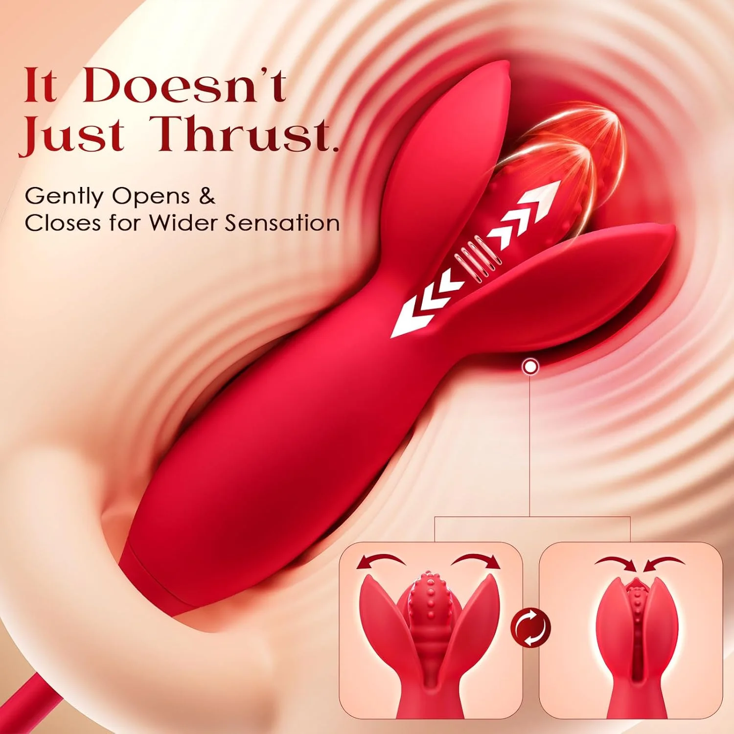 Roselle Flex Detachable Thrusting Rose Vibrator — three-petal extension opening and closing diagram