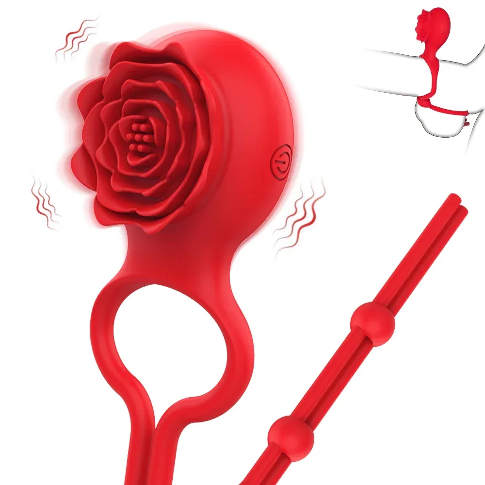 Roselle Loop Adjustable Rose Ring Vibrator — adjustable strap and rose head detail