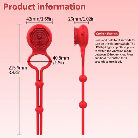Roselle Loop Adjustable Rose Ring Vibrator — dimensions and button layout