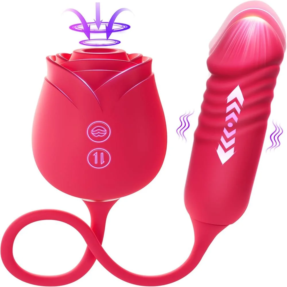 Roselle Motion Thrusting Rose Vibrator — red rose vibrator and thrusting extension front view
