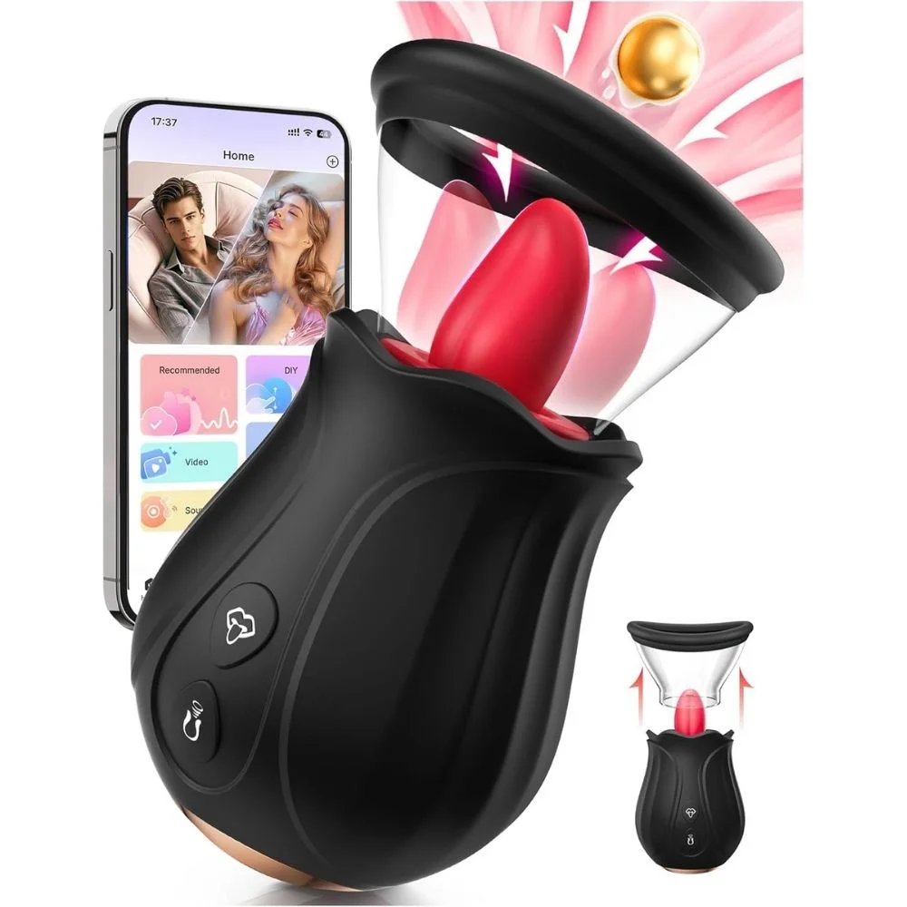 Roselle Orbit App-Controlled Rose Tongue Vibrator — black rose tongue vibrator and app control screen