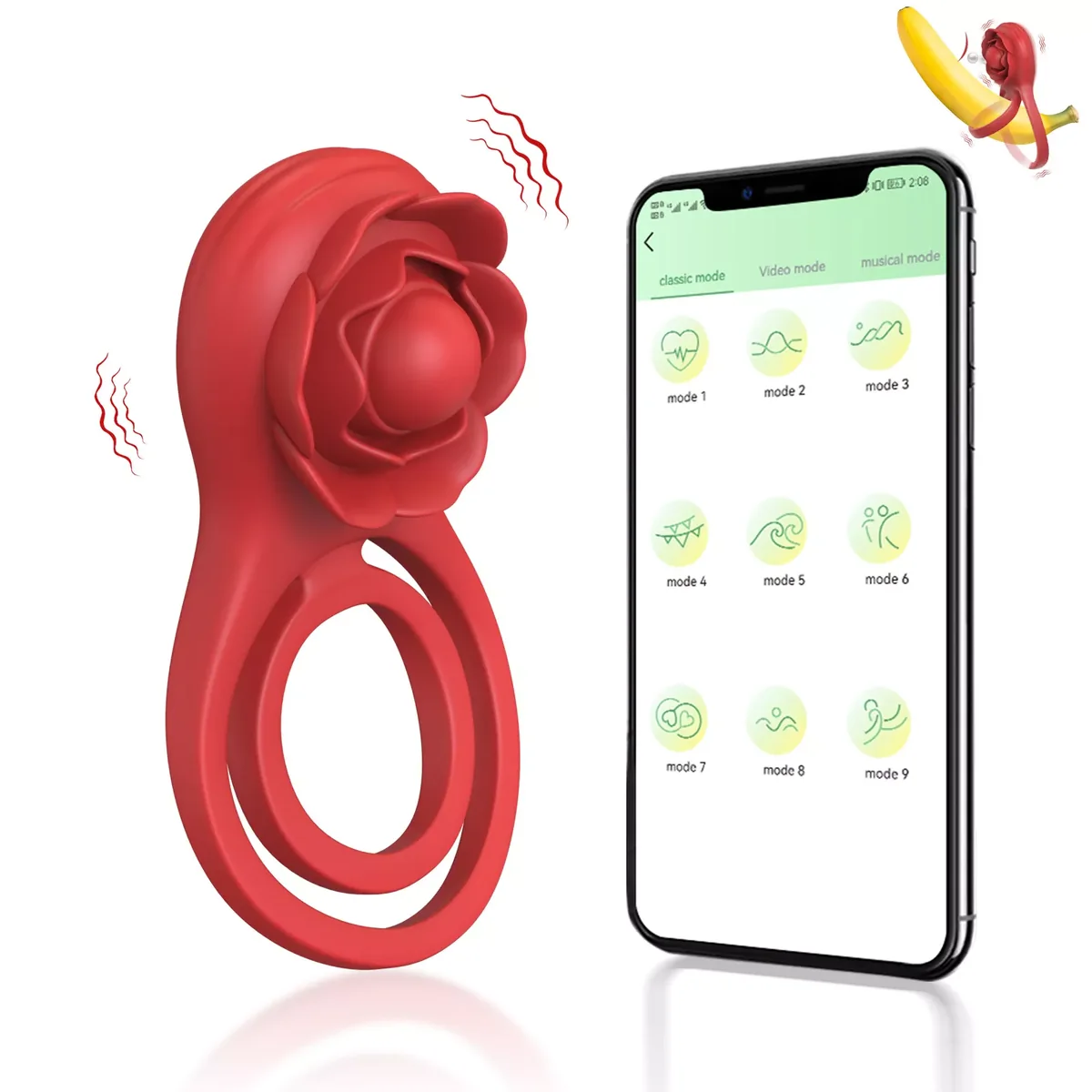 Roselle Pair Double-Loop Rose Ring Vibrator — angled ring view with control reference