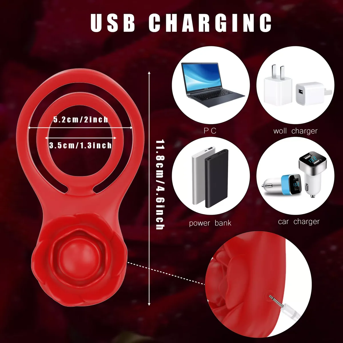 Roselle Pair Double-Loop Rose Ring Vibrator — charging connection and dimensions