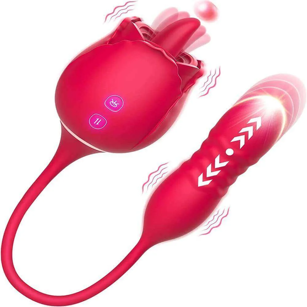 Roselle Pulse Rose Tongue & Thrusting Vibrator — red dual-ended rose vibrator front view