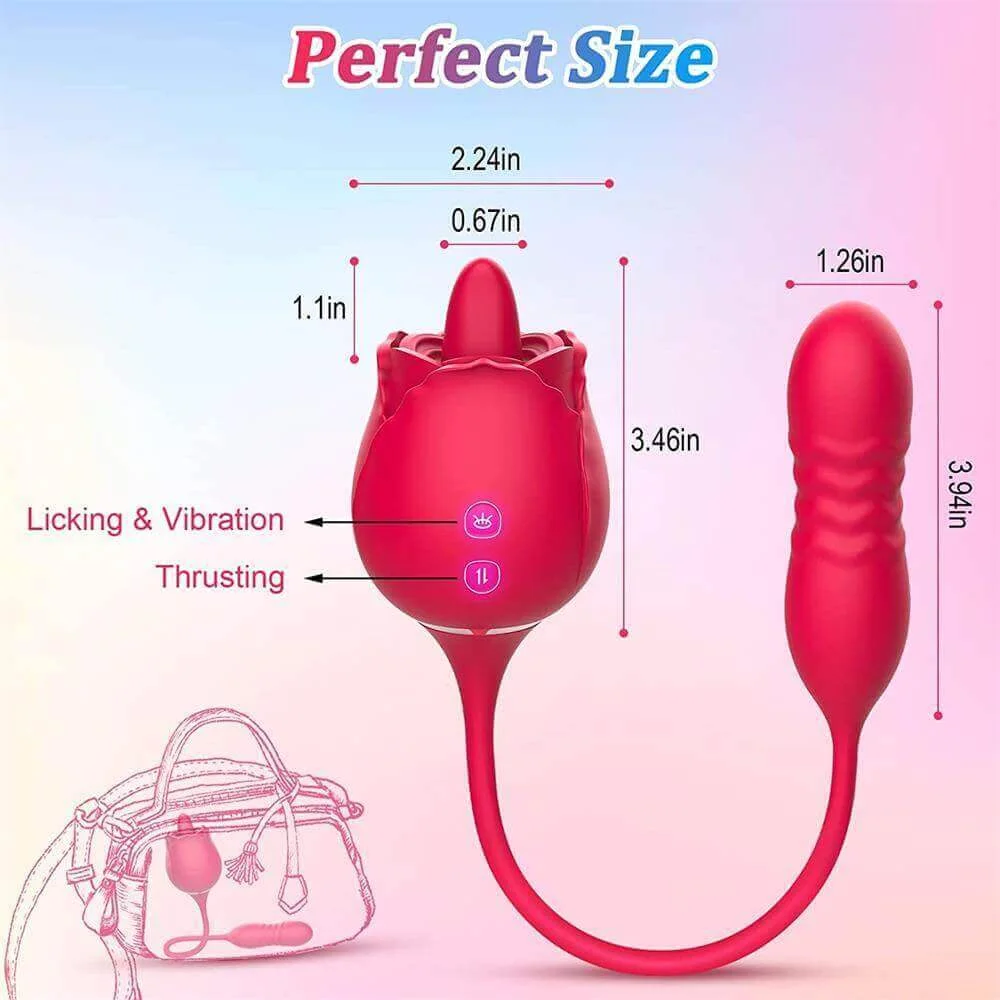 Roselle Pulse Rose Tongue & Thrusting Vibrator — rose head and extension dimensions diagram