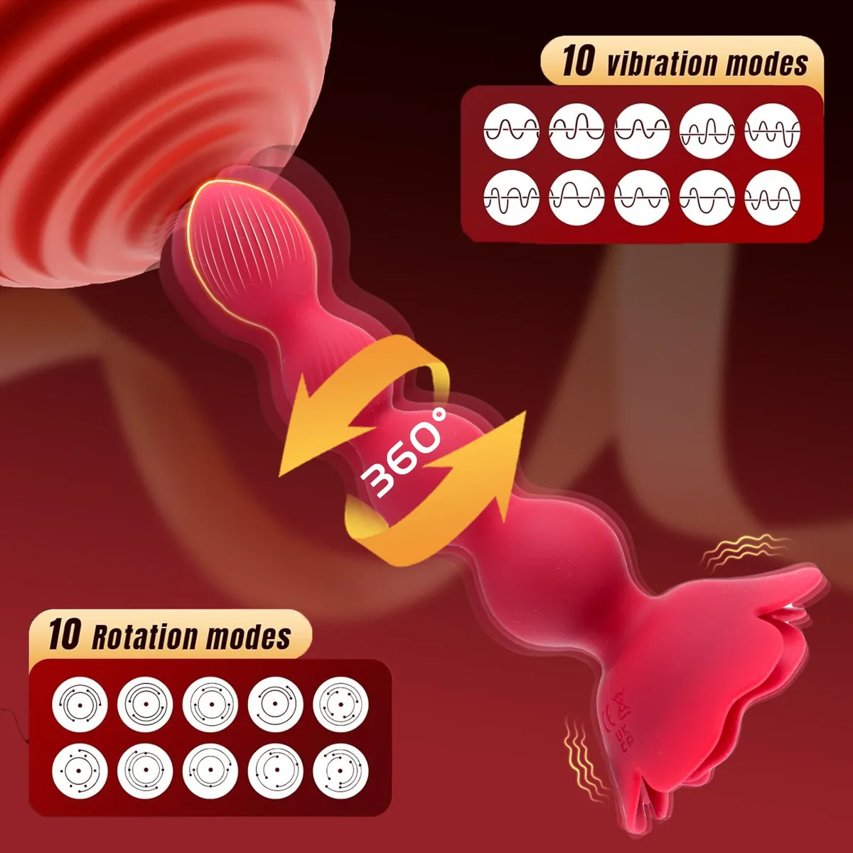 Roselle Strand Rose Bead Vibrator — bead detail and movement diagram