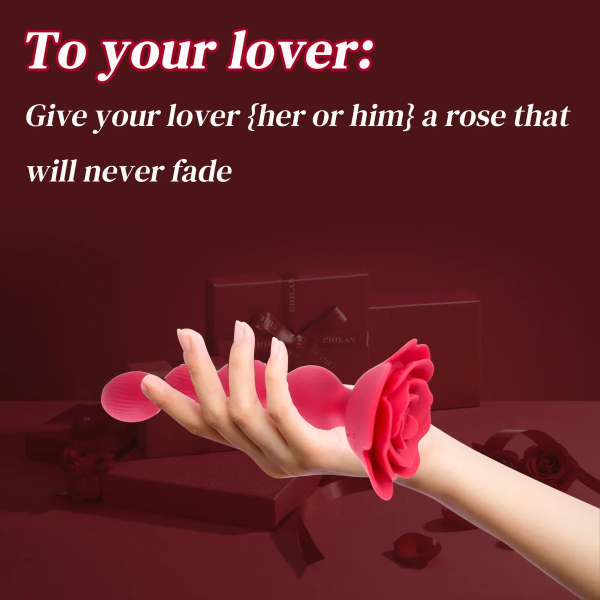 Roselle Strand Rose Bead Vibrator — hand-held size reference