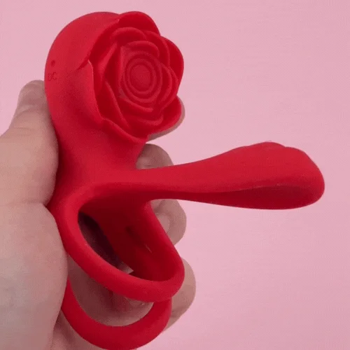 Roselle Together Rose Couples Vibrator — handheld red rose couples ring front view
