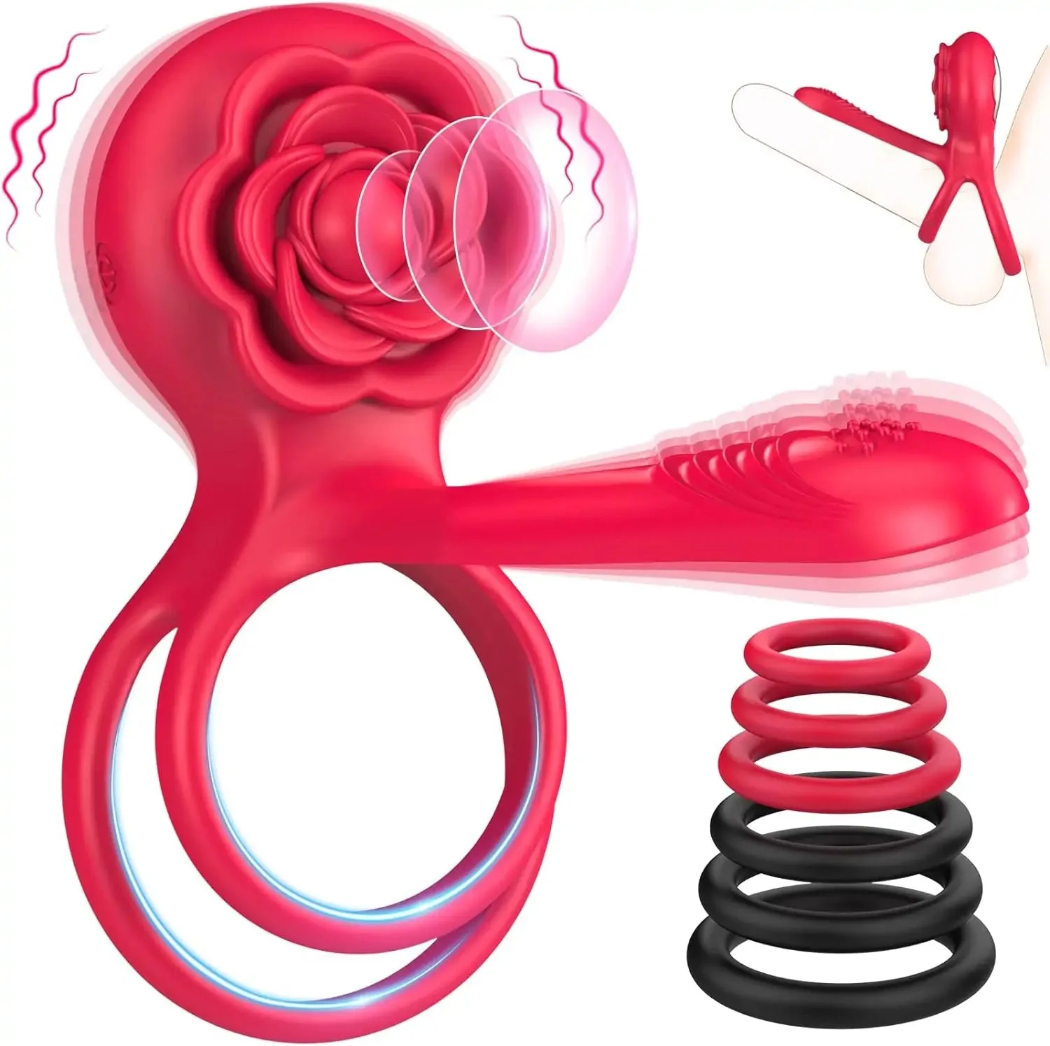 Roselle Together Rose Couples Vibrator — red rose ring and vibration movement illustration