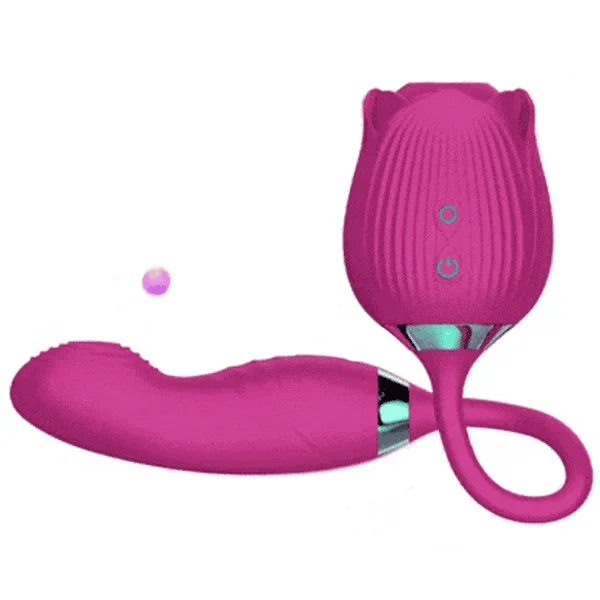 Roselle Verso Rose Toy with Dildo — connected rose vibrator front view