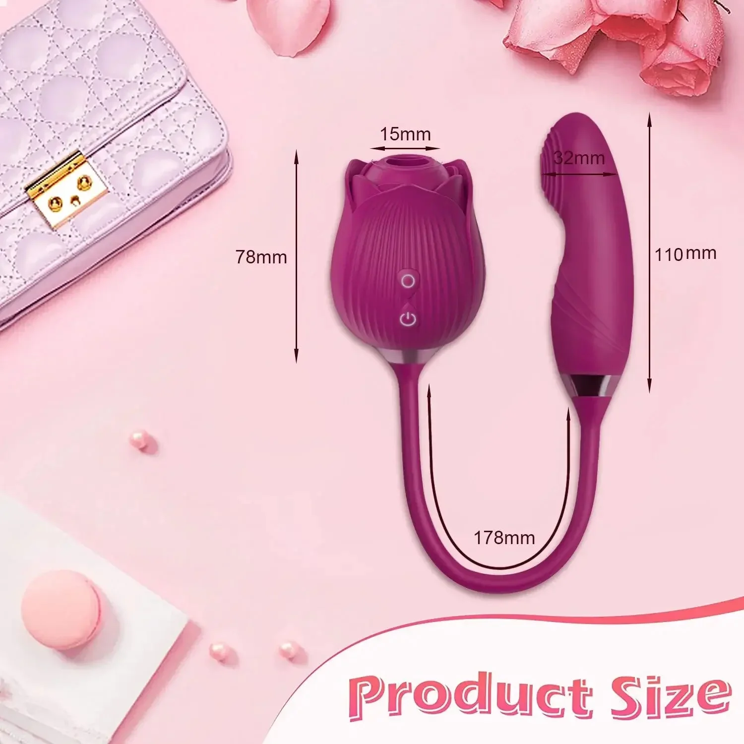 Roselle Verso Rose Toy with Dildo — product dimensions diagram