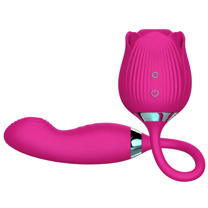 Roselle Verso with a rose-shaped head and connected dildo, isolated product view