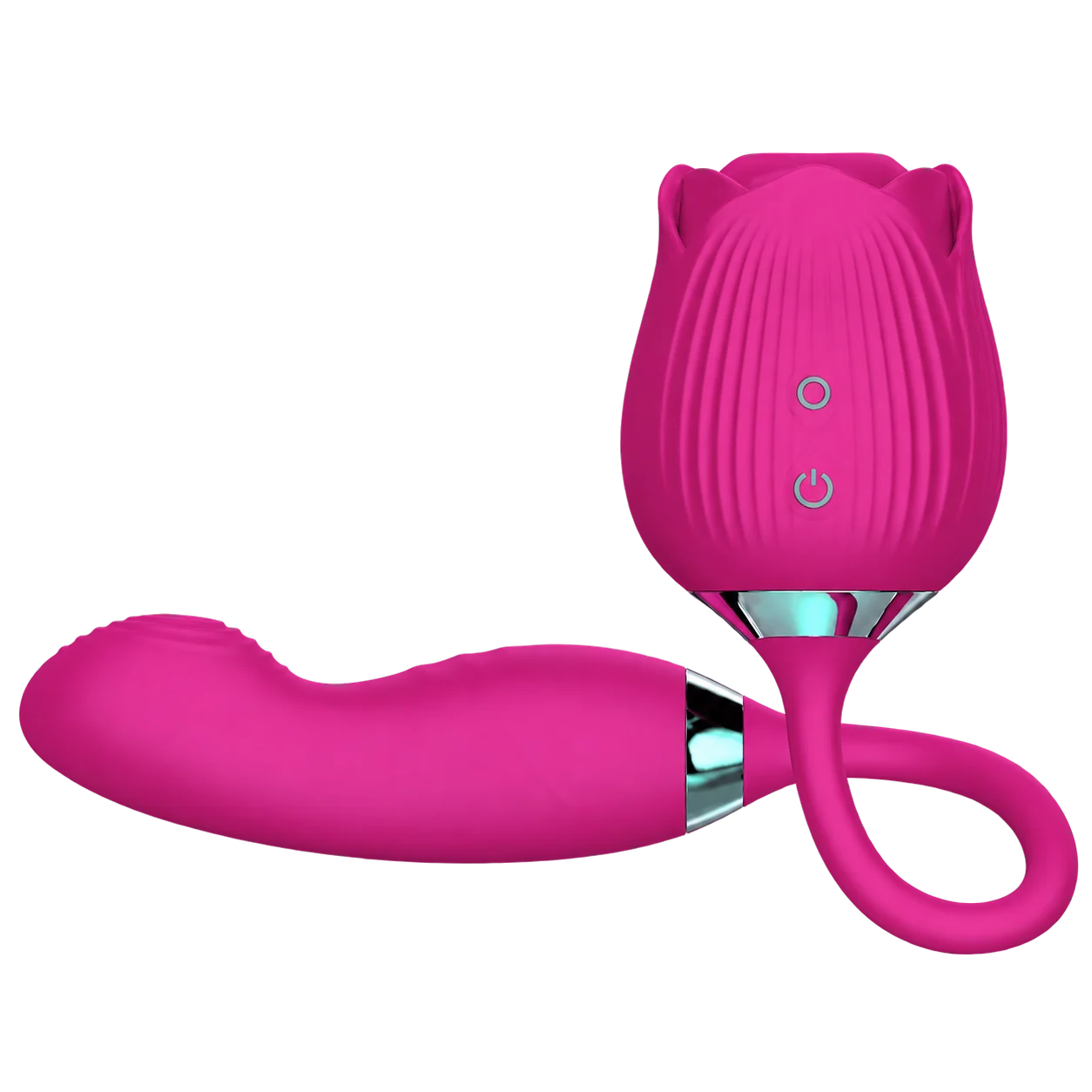 Roselle Verso with a rose-shaped head and connected dildo, isolated product view